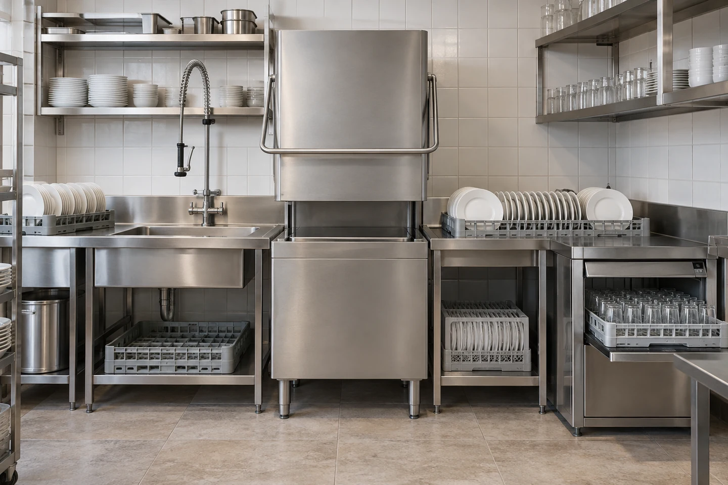 Commercial dishwashing and clean return area