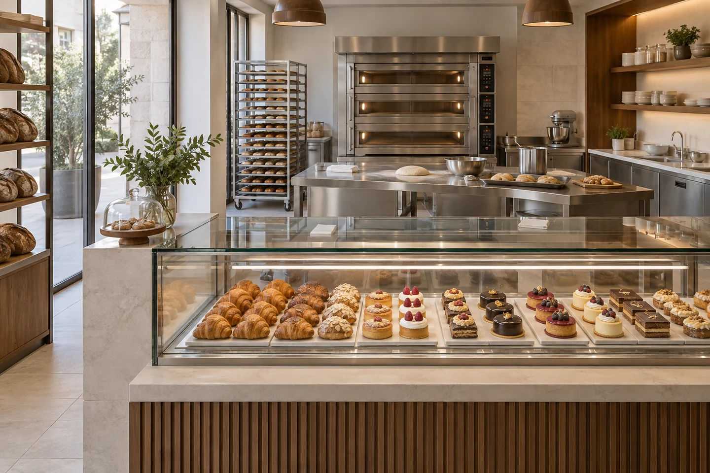 Bakery and pastry workspace with deck ovens, tray racks and a refrigerated pastry display