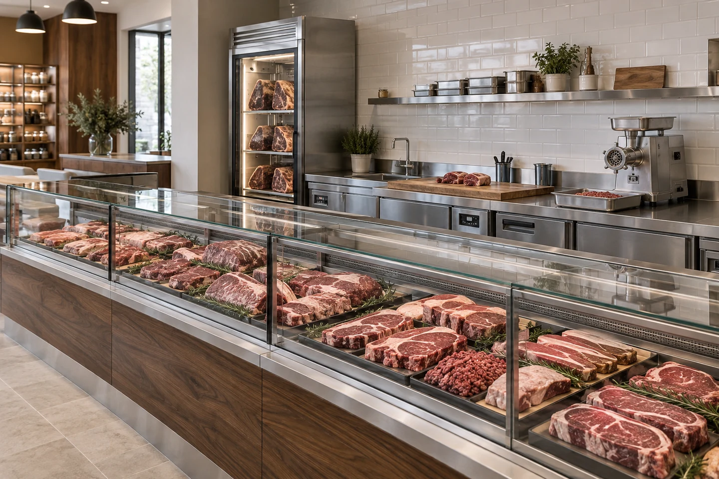 Butcher shop with refrigerated meat display, an ageing cabinet and preparation equipment