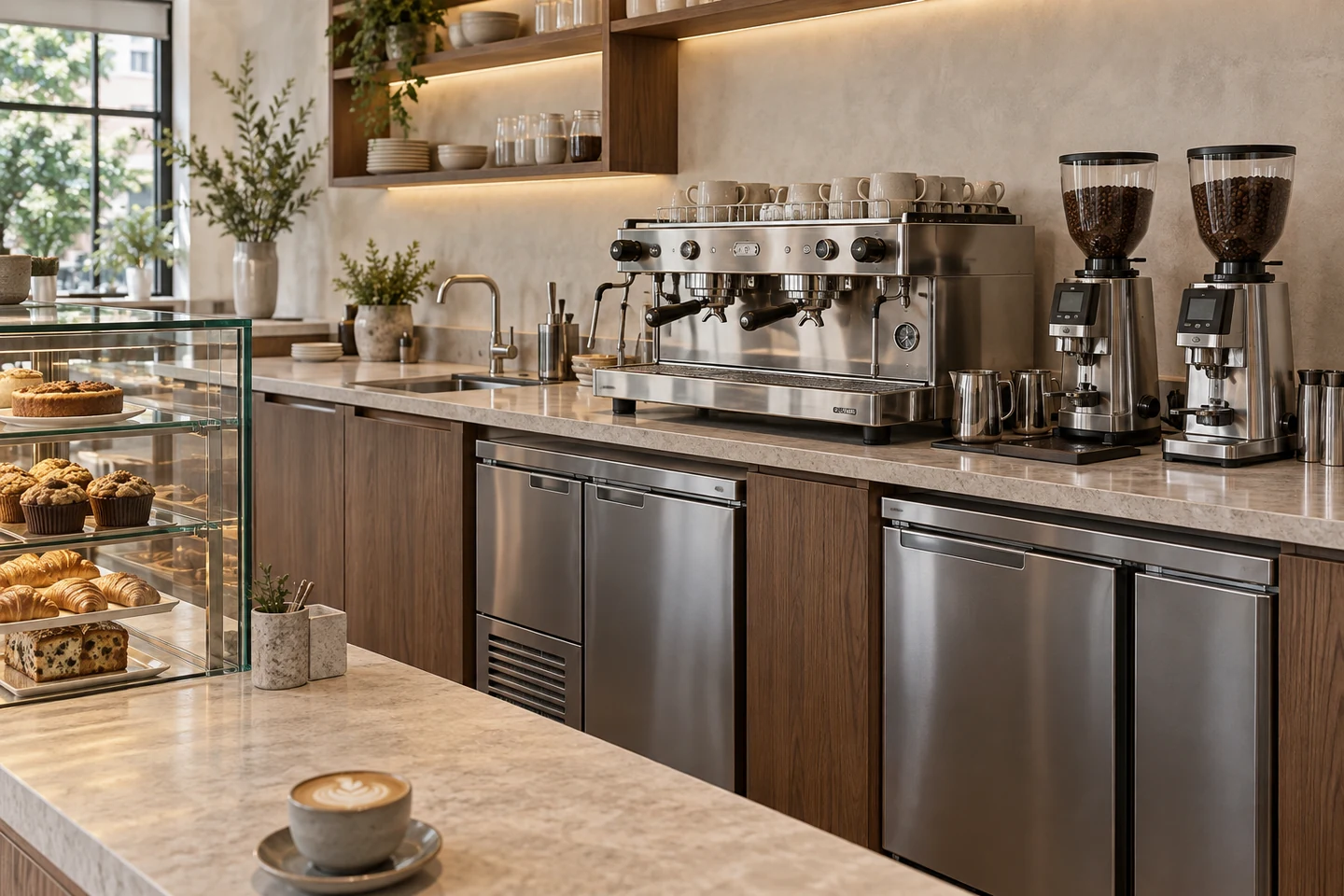 Coffee bar with an espresso machine, grinders, undercounter refrigeration and pastry display