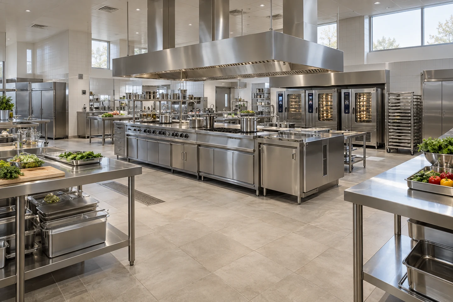 Central production kitchen with a cooking island, extraction canopy and combi ovens