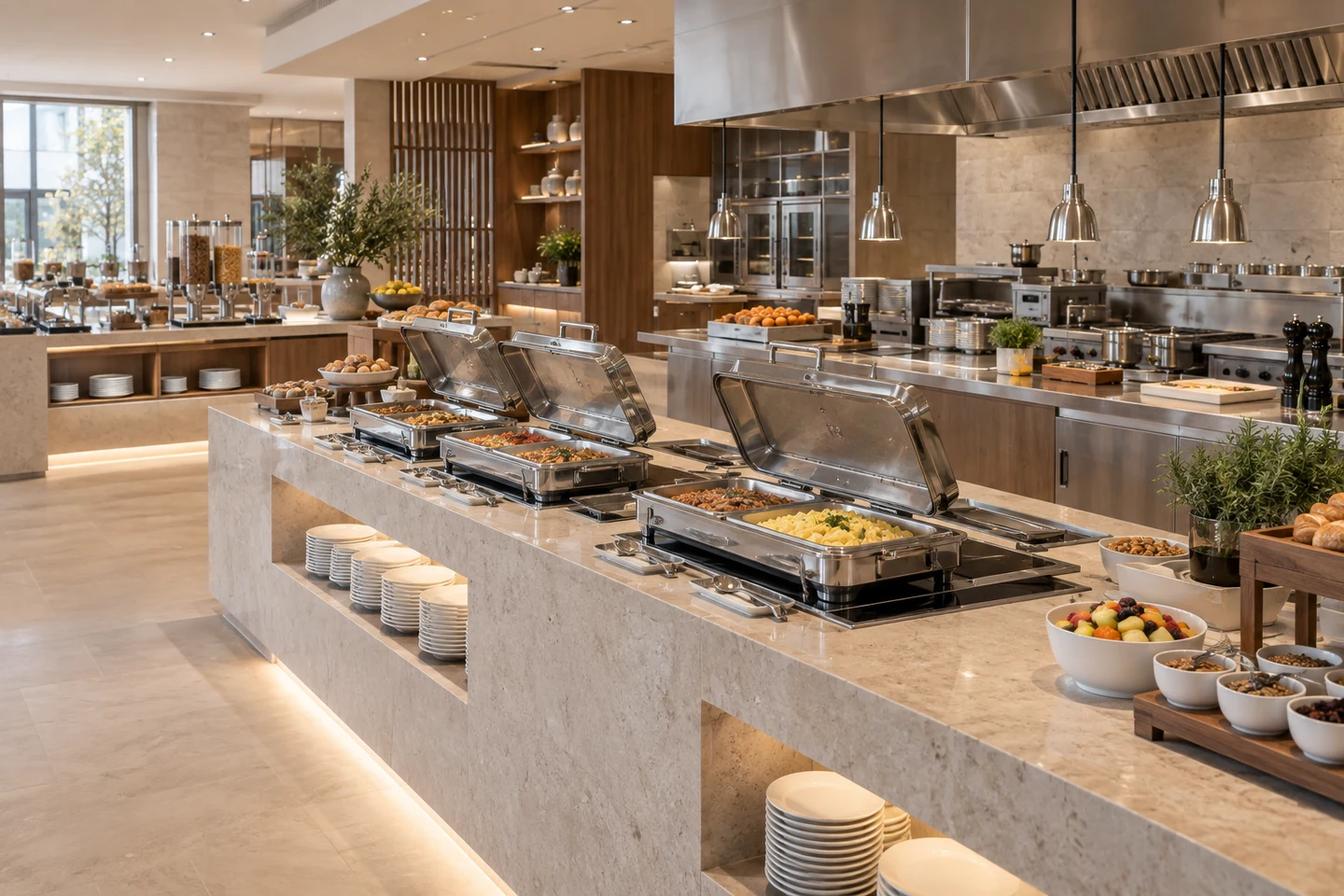 Hotel buffet with hot-service equipment and a live cooking station