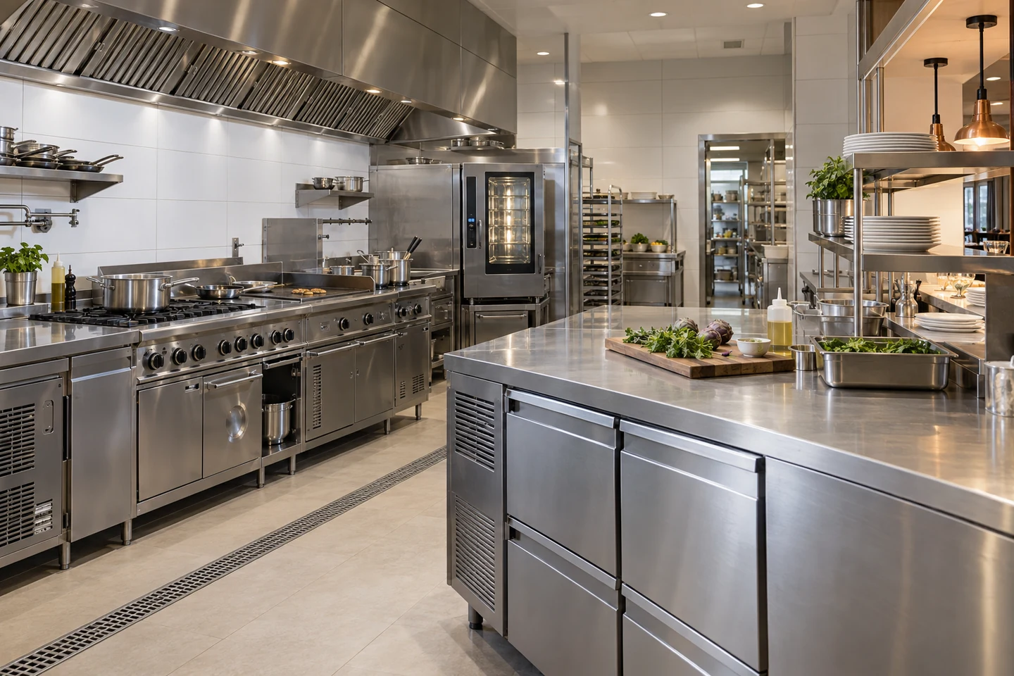 Restaurant kitchen with a stainless cooking line, combi oven and refrigerated preparation counter