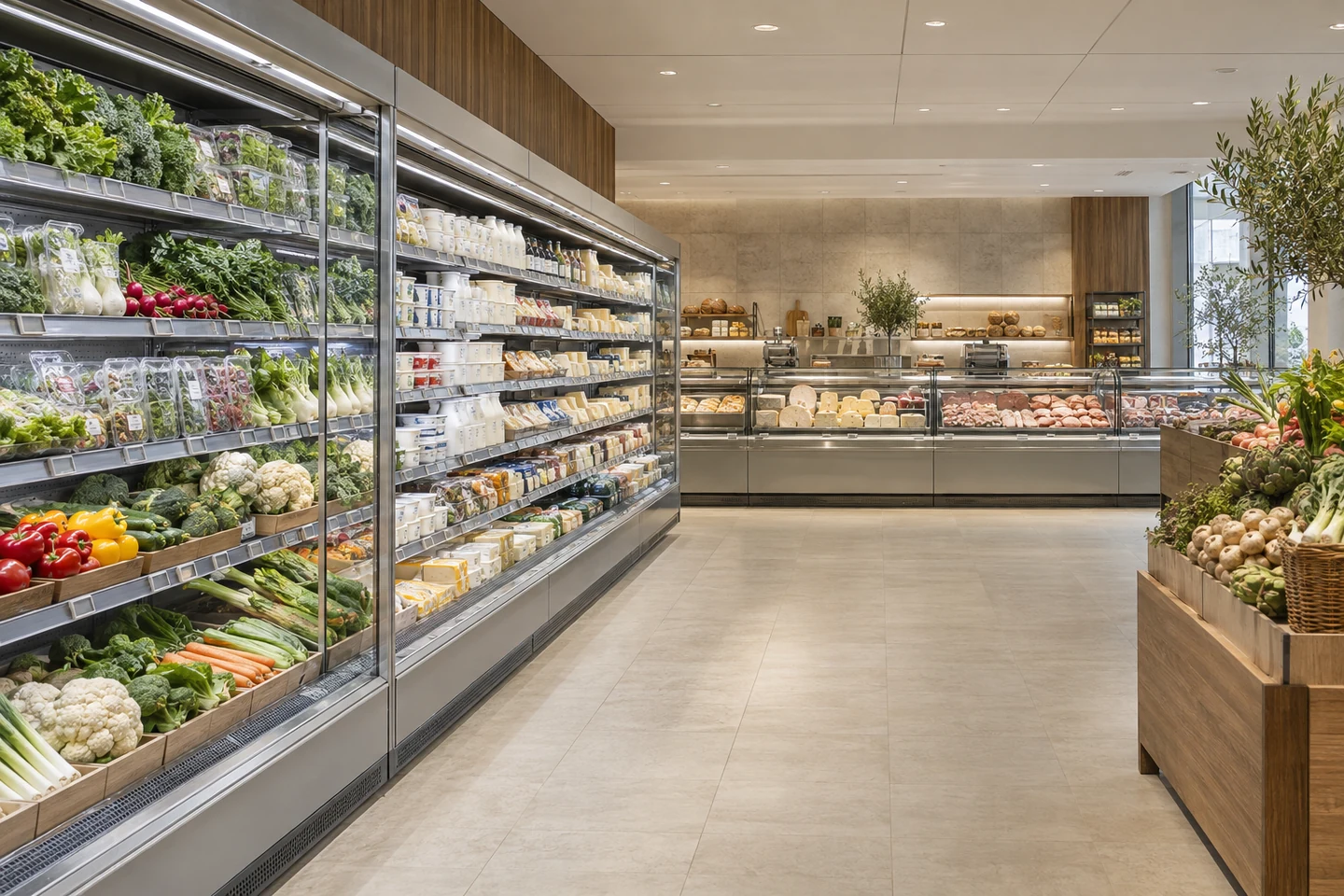 Fresh-food retail aisle with multideck refrigeration and deli display counters